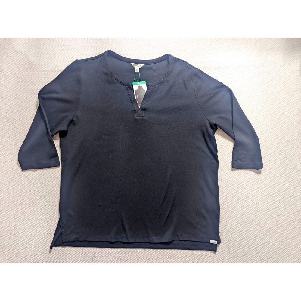 Orvis Split Neck Top Women‎ XL Black New 3/4 Sleeve Casual Knit Blouse